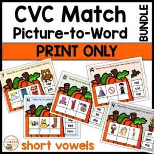 Fall CVC Match Short Vowel Task Cards Picture to Word Center and Recording Sheet