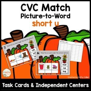Fall CVC Match Short u Task Cards and Center